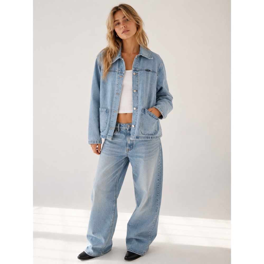 Rollas Womens Light Wash Worker Jacket Denim Organic Cotton Lyocell Blue Size M
